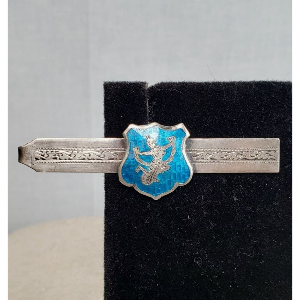 Vtg 1940s SIAM Enamel Shield Dancer Thailand Niello 925 Sterling Silver Tie Clip